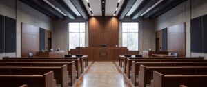 Empty wood-paneled courtroom with a raised judge’s bench, separate counsel tables, and rows of benches.
