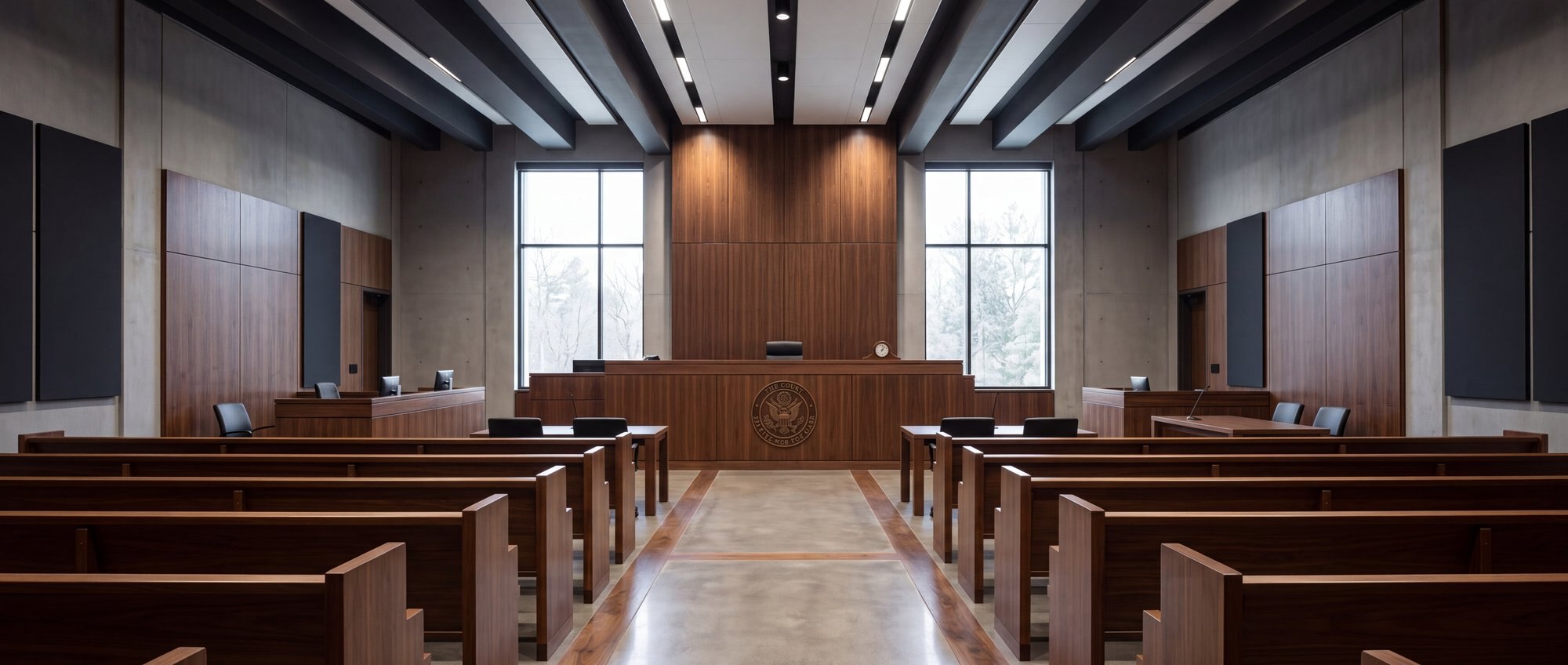Empty wood-paneled courtroom with a raised judge’s bench, separate counsel tables, and rows of benches.