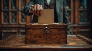 A person places a paper ballot into a dark wooden box on a table, with bookshelves behind.