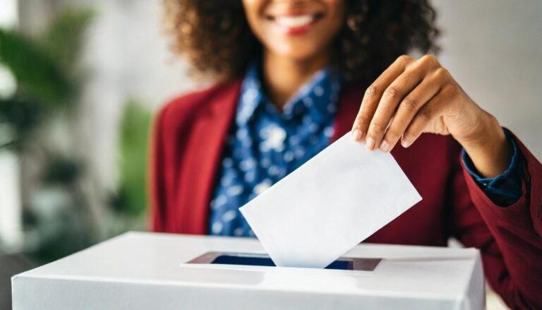 A woman places a white envelope into a slot in a ballot box.