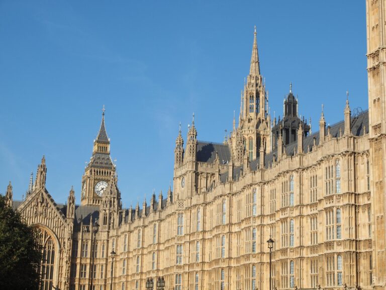 Gothic towers and ornate stonework of the Houses of Parliament beneath a clear blue sky.